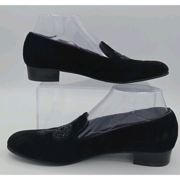 Stuart Weitzman Womens Sz 8 Narrow Lys Crystal Black Suede Fleur-de-lis - Picture 2 of 9